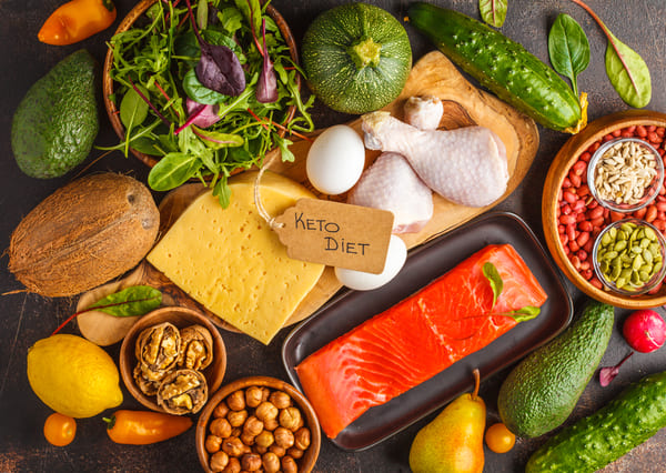 Keto (ketogenic) diet concept. Balanced low-carb food background